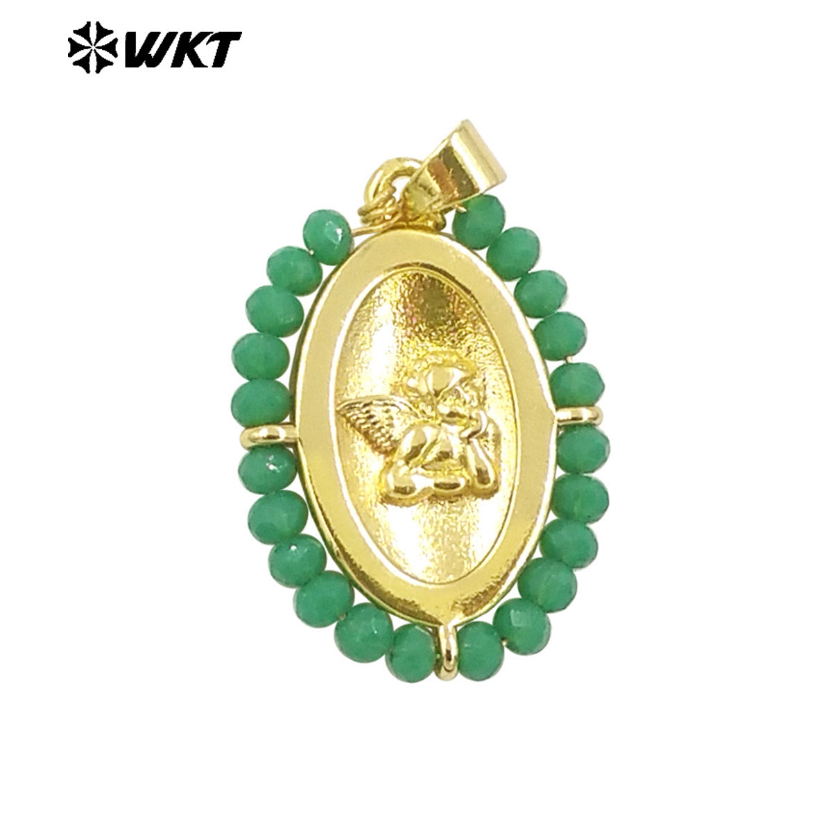 WT-MN994 2024 New Popular Gold Plated With Handmade Crystal Wire Wrapped Beads Around Angel Medal Christian Jewelry Necklace