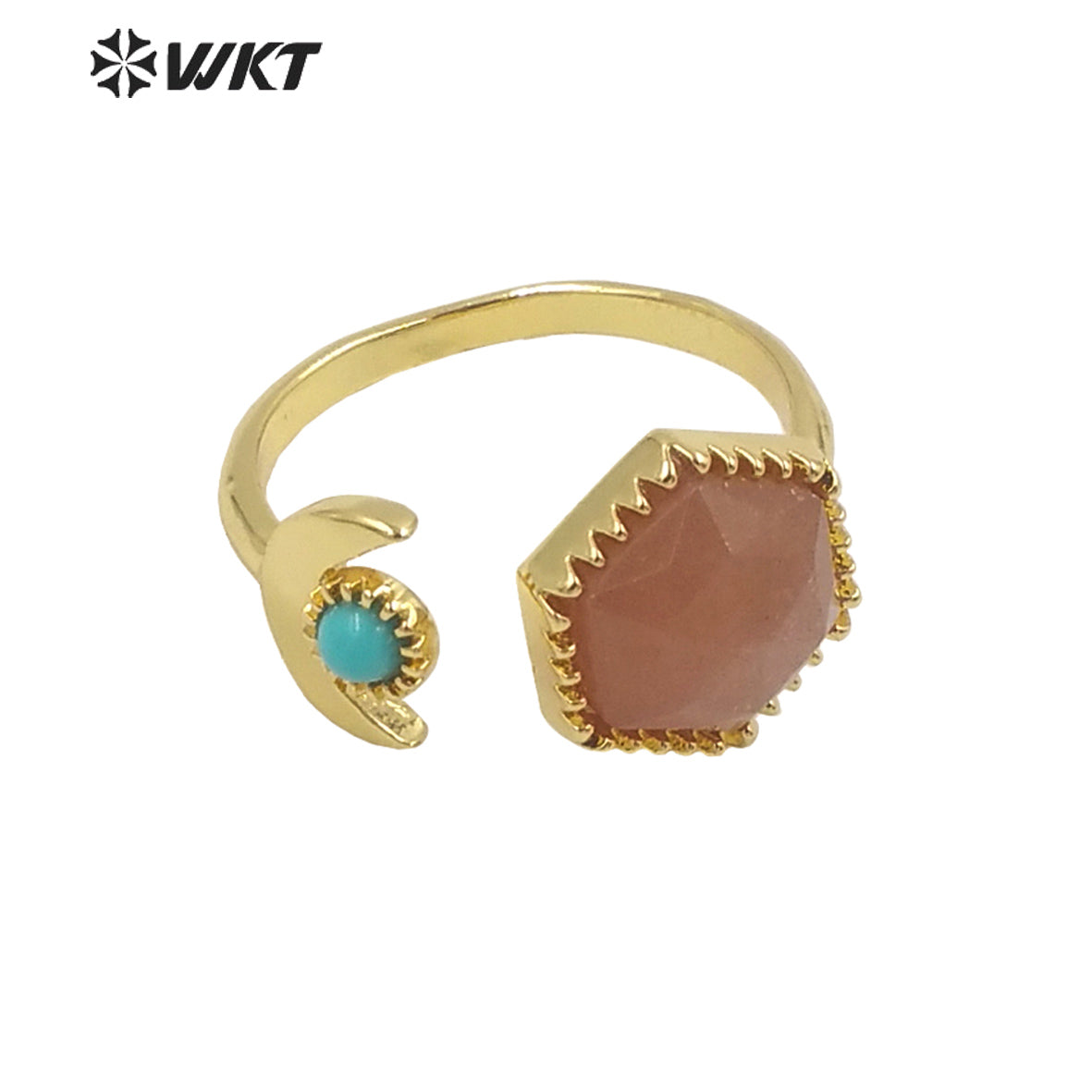 WT-R426 Delicate Fashion Gold Open Size Double Stone Ring Natural Gemstone Hexagon Double Stone Gold Bezel Ring for Girls