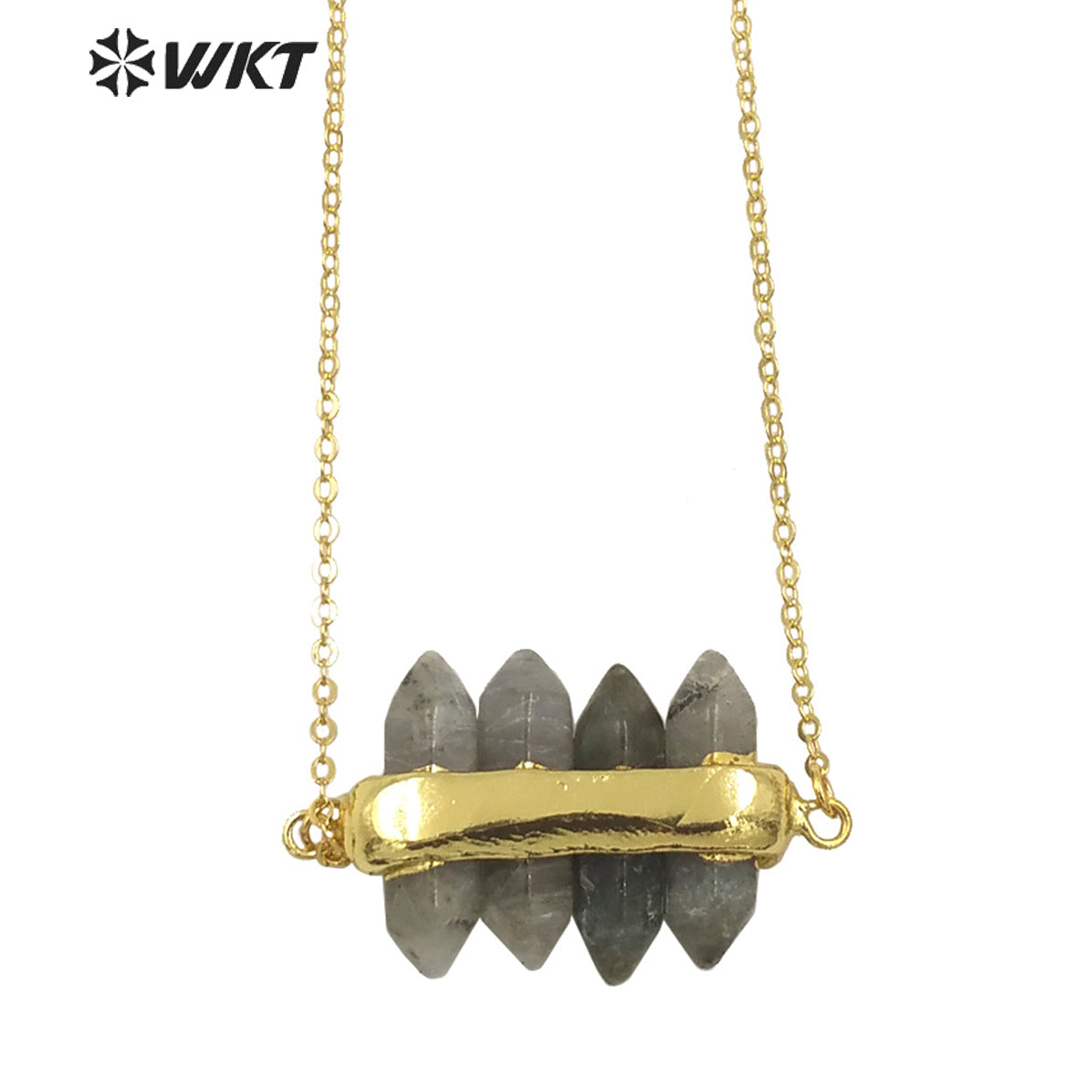 WT-N1460 WKT NEW Design Double Gemstone Point Rose Quartz Amethyst Energy Lucky Stone Necklace Many Colors Available
