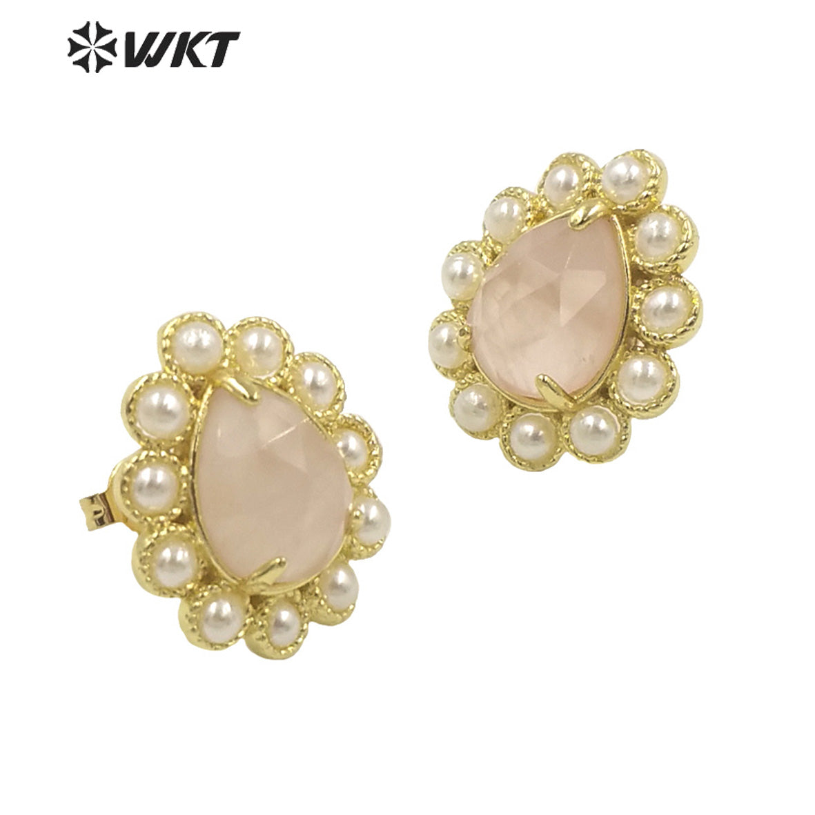 WT-MPE124 Charming Drop Natural Gemstone Made With Artificial Pearl Gold Bezel Setting Women Earring Studs