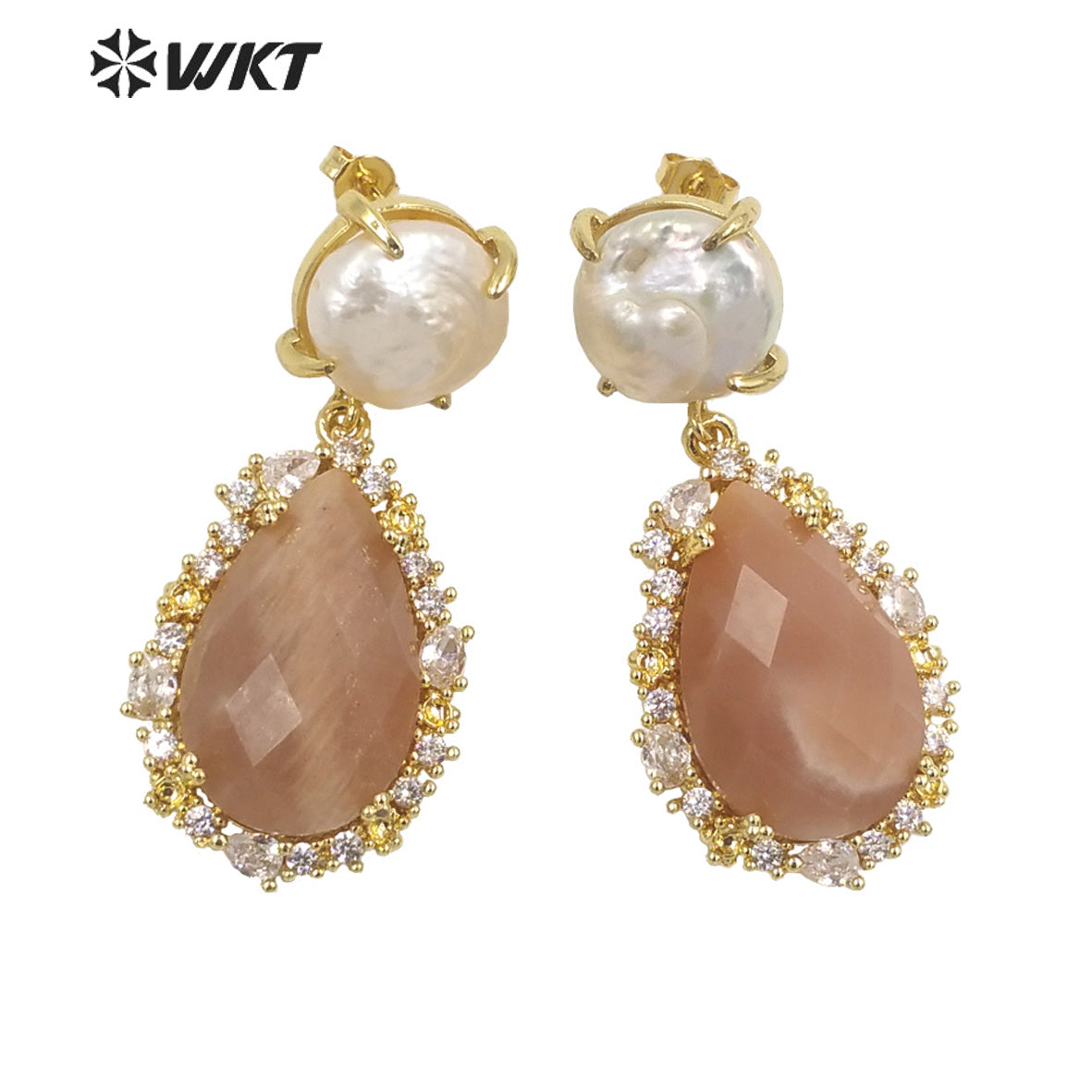 WT-E698 Unique Micropaved Gold Bezel Cubic Zircon Natural Teardrop Stone Pearl Earrings Gorgeous Drop Turquoise Stud Earrings