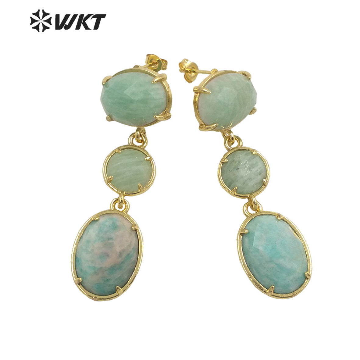 WT-E690 Amazing Gorgeous Fashion Triple Stone Earrings Precious 18k Real Gold Plated Resist Tarnish Prong Setting Dangle Studs