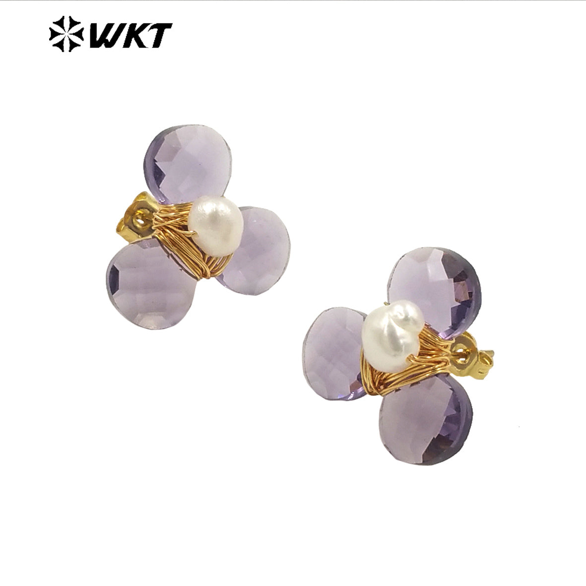 WT-E723 Women New Earrings Design Colorful Cat Eye Stone Flower Studs Handmade Wire Wrapped Pearl Leaf Fashion Girl Earrings