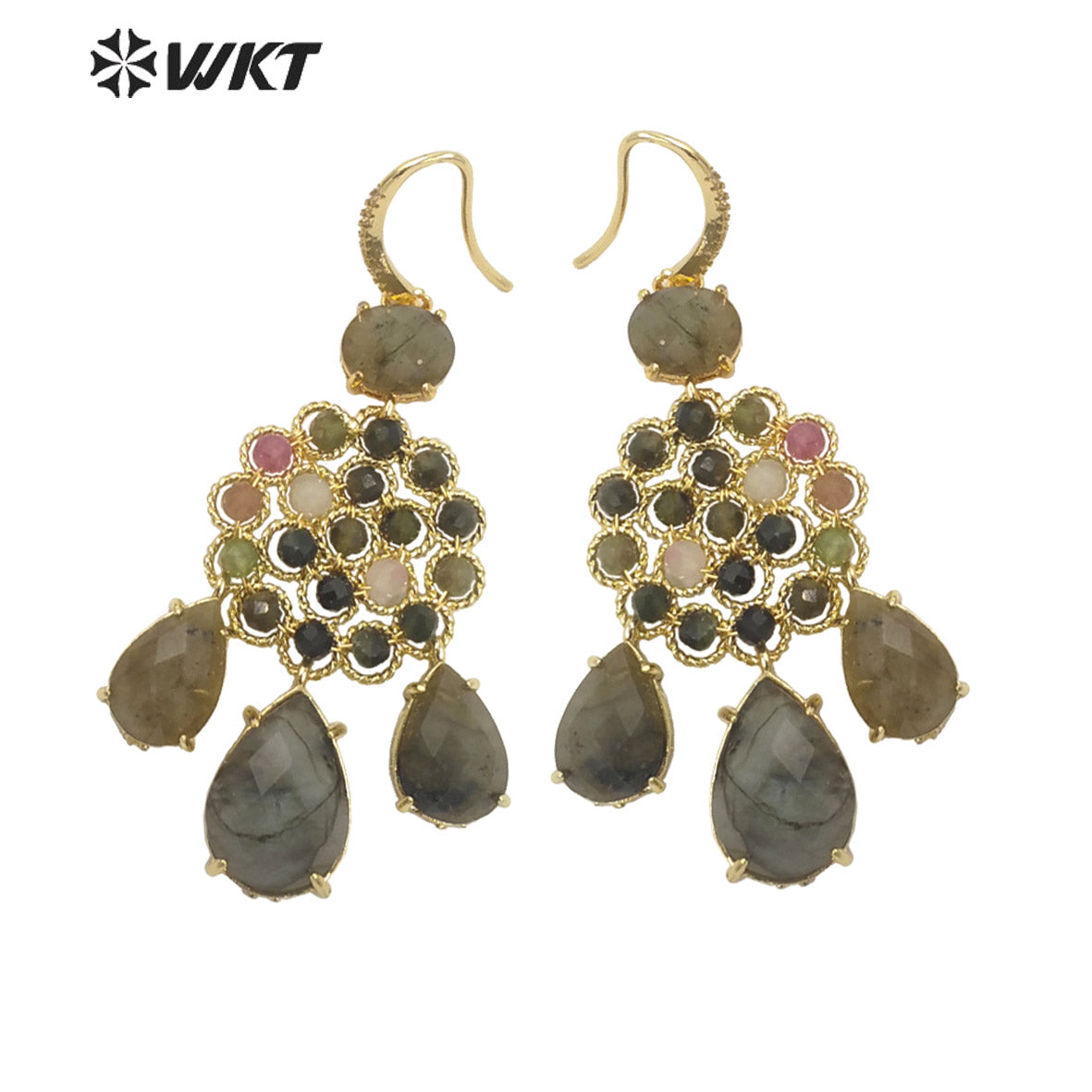WT-E712 WKT Newest Precious Natural Gemstone Teardrop Earrings Labradorite Amethyst Stone Earrings for Party Gold Drop Earrings