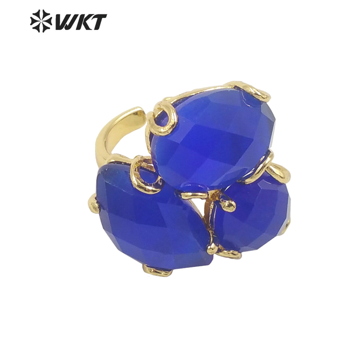 WT-R420 Europe Court style colorful Cat Eye stone Ring 18k real gold plated triple stone Flower Ring with Prong setting