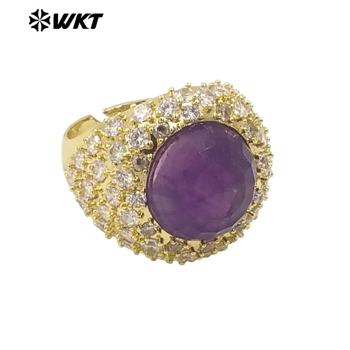 WT-MR027 Bling Series Big Unisex Cocktail Gemstone Setting With 18K Real Gold Plated Round Stone Rings in Open Size