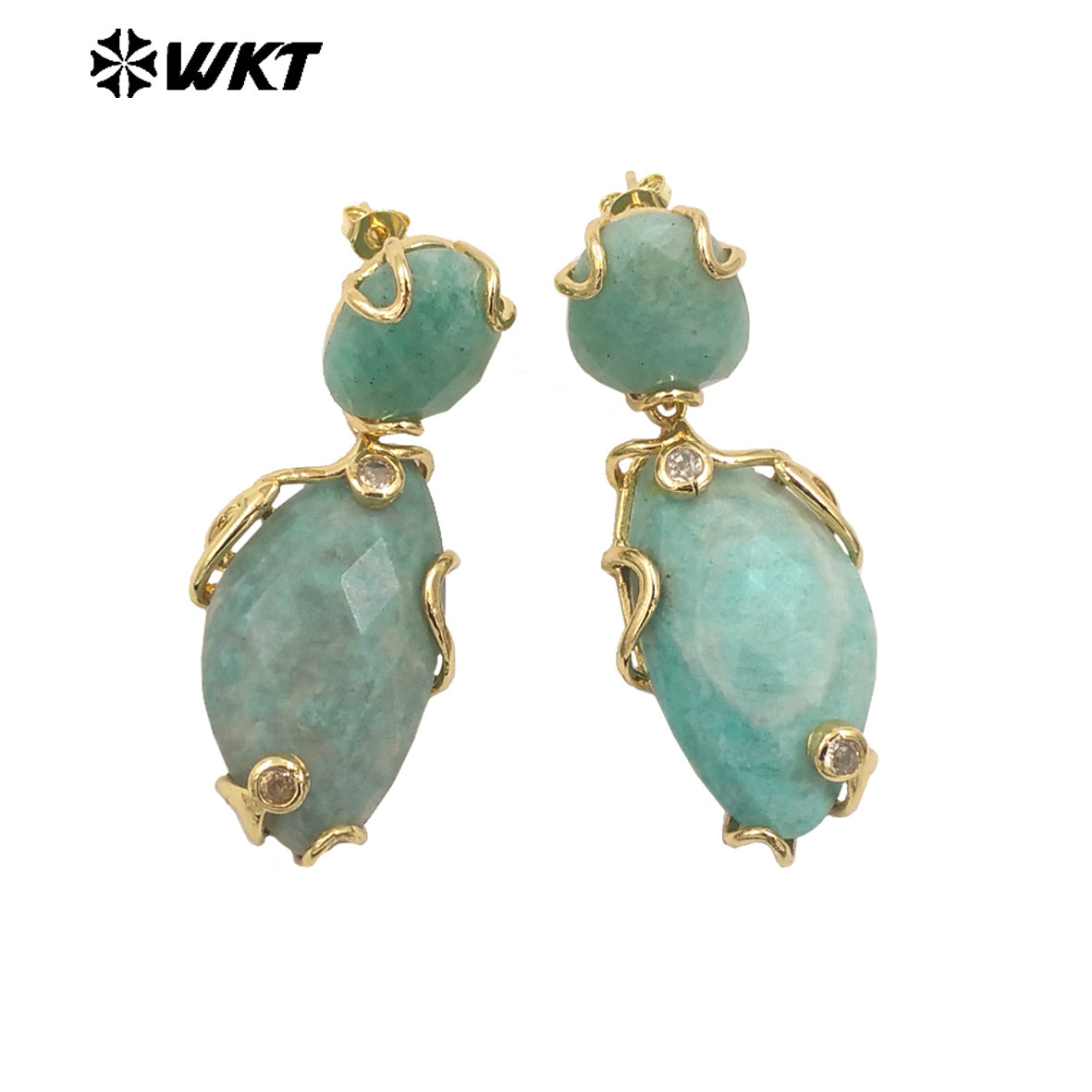 WT-E751 Wholesale New Gorgeous Precious Natural Gemstone Made With Claw Setting Amazonite Rose Quartz Dangle Stone Earrings