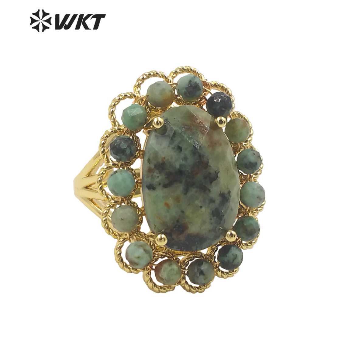 WT-R460 Wholesale Newest Gorgeous Women Oval Natural Amazonite Wedding Ring Faceted Stone Beads Anniversary Ring in Gold