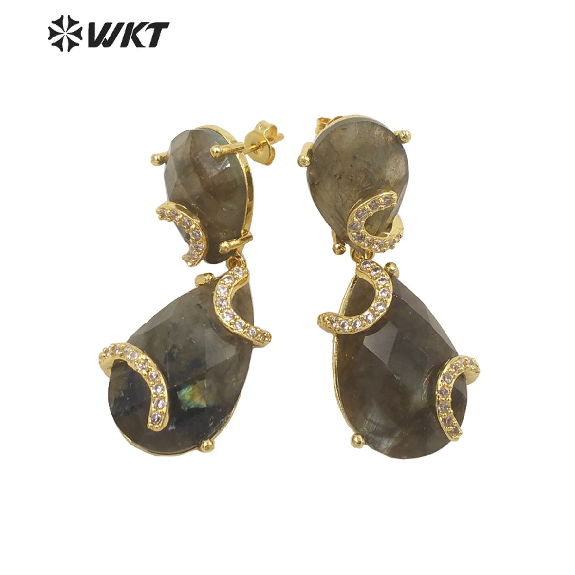 WT-E692 WKT New Design Colorful Spring Match Style Faceted Natural Stone Teardrop Earrings with Cubic Zircon Earrings for Party