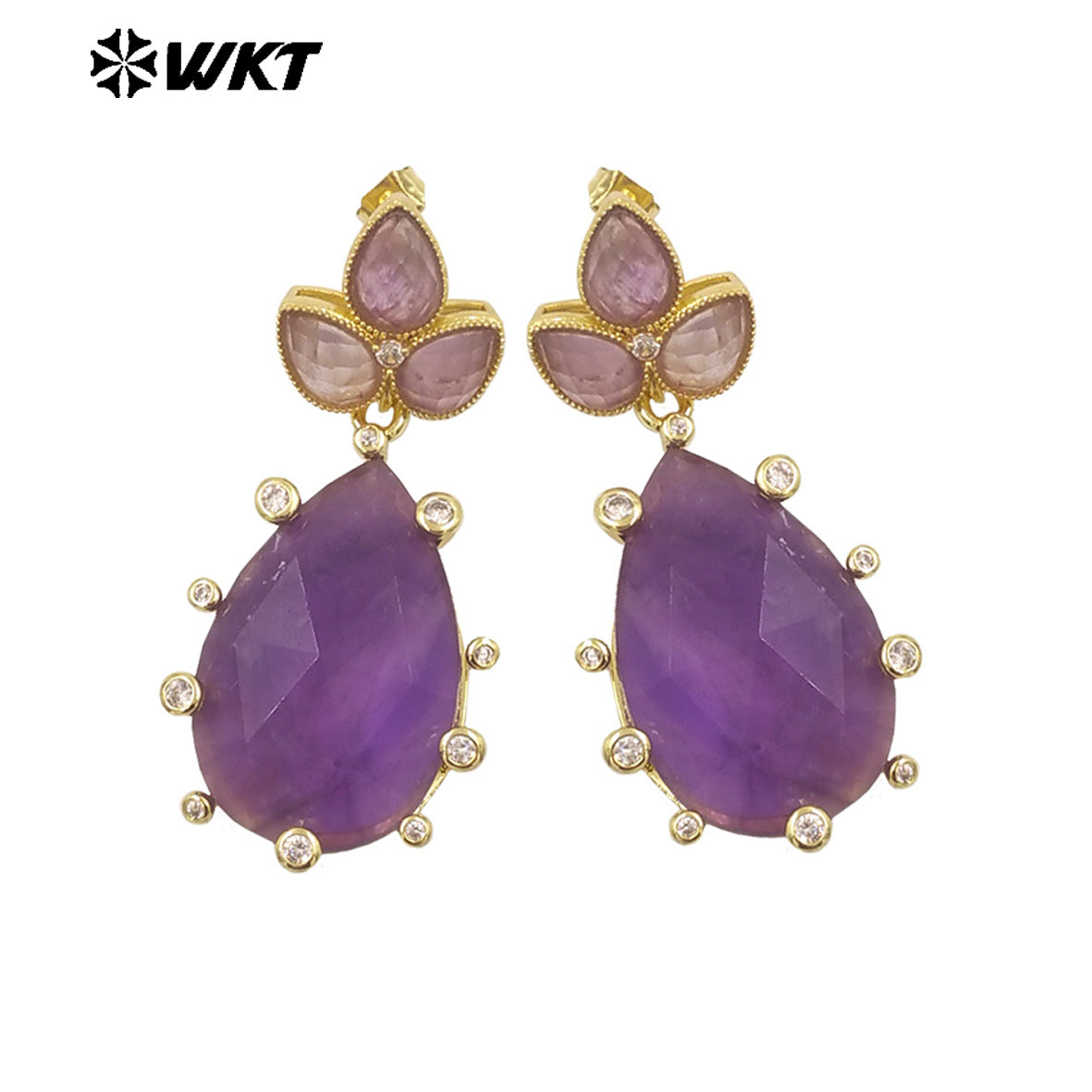 WT-E756 Gorgeous Precious Natural Amazonite Amethyst Gemstone Carved Long Teardrop Earrings With Zircon Around Trend Style