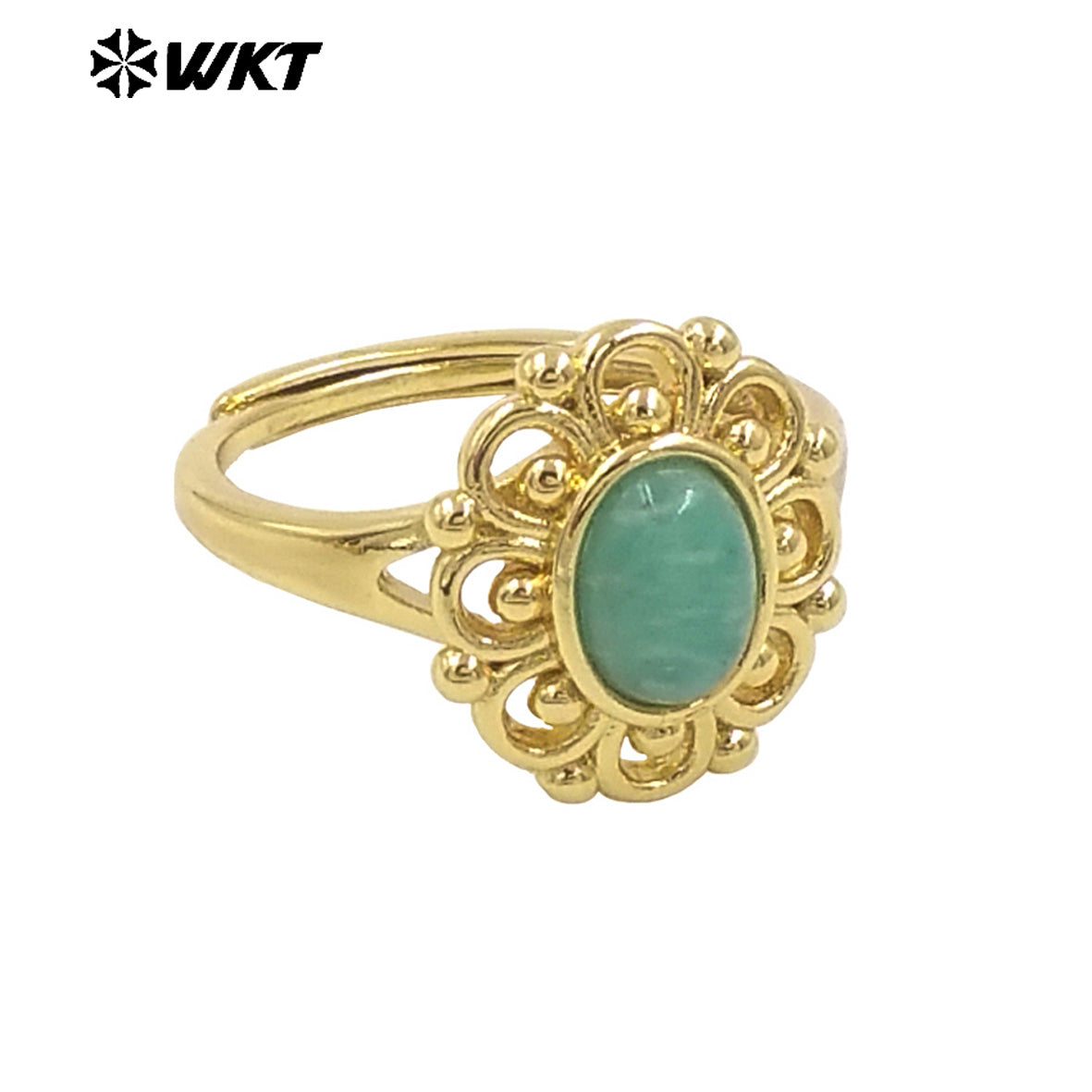 WT-R537 Wholesale Fashion 18K Real Gold Plated Round Hollow Flower Shape Design Natural Stone Ring for Women