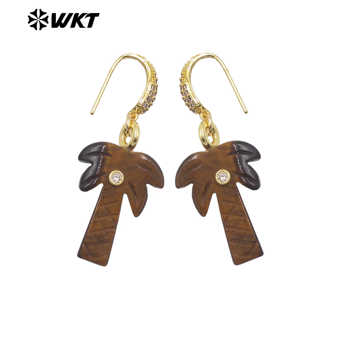 WT-E814 Beautiful Various Natural Gemstones Coconut Tree Shape Gold Pendant Earrings For Girls Summer Matching Jewelry
