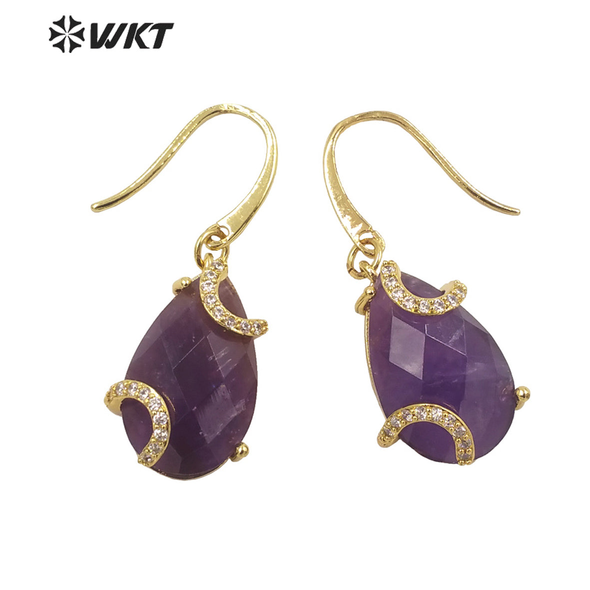WT-E688 Wholesale Fashion Gold Prong Setting Natural Teardrop Stone Earrings Gorgeous Faceted Gemstone Micropaved Pear Earrings