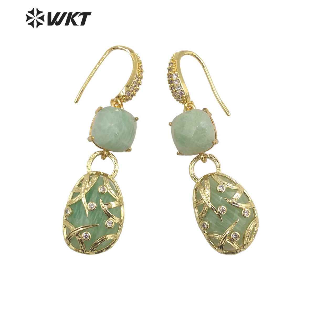 WT-E691 Fashion Double Stone Handmade Claw Setting Bezel Earrings Women Delicate Long Hoop Amethyst Stone Earrings