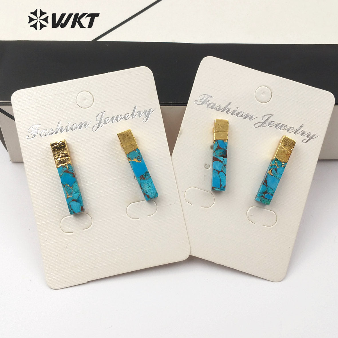 WT-E548 Natural Blue Vein Turquoises Ornaments Rectangle Shape Gemstones Earring Gold Capped Stud Earring Jewelry
