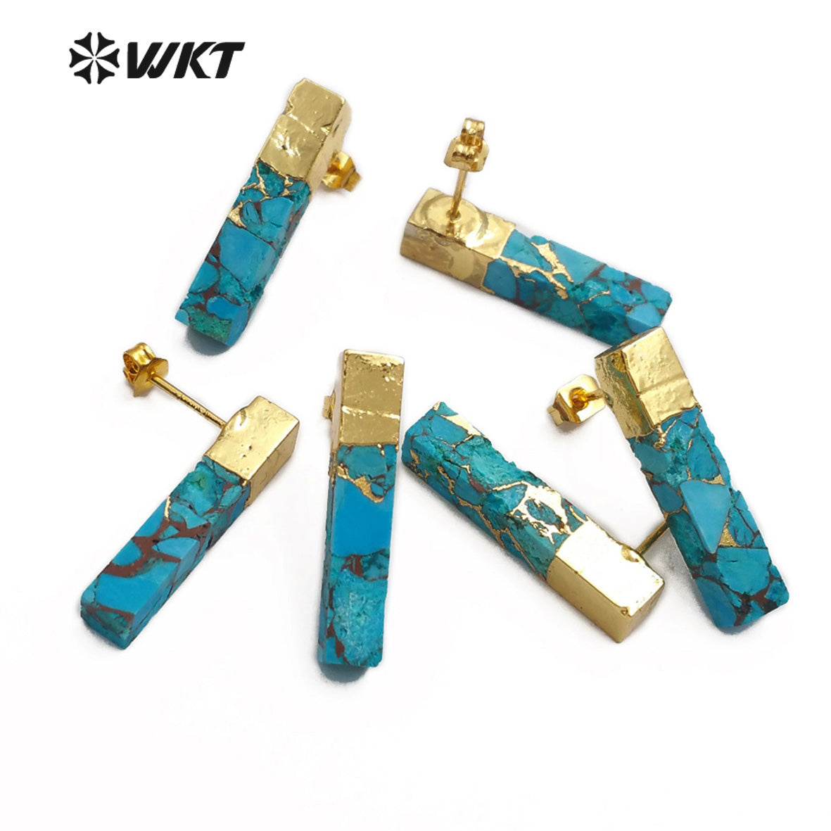 WT-E548 Natural Blue Vein Turquoises Ornaments Rectangle Shape Gemstones Earring Gold Capped Stud Earring Jewelry