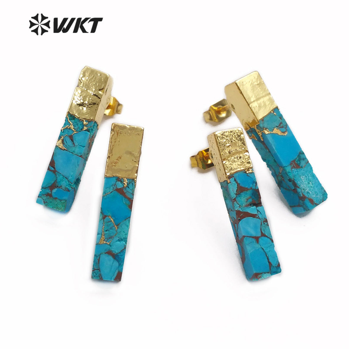 WT-E548 Natural Blue Vein Turquoises Ornaments Rectangle Shape Gemstones Earring Gold Capped Stud Earring Jewelry