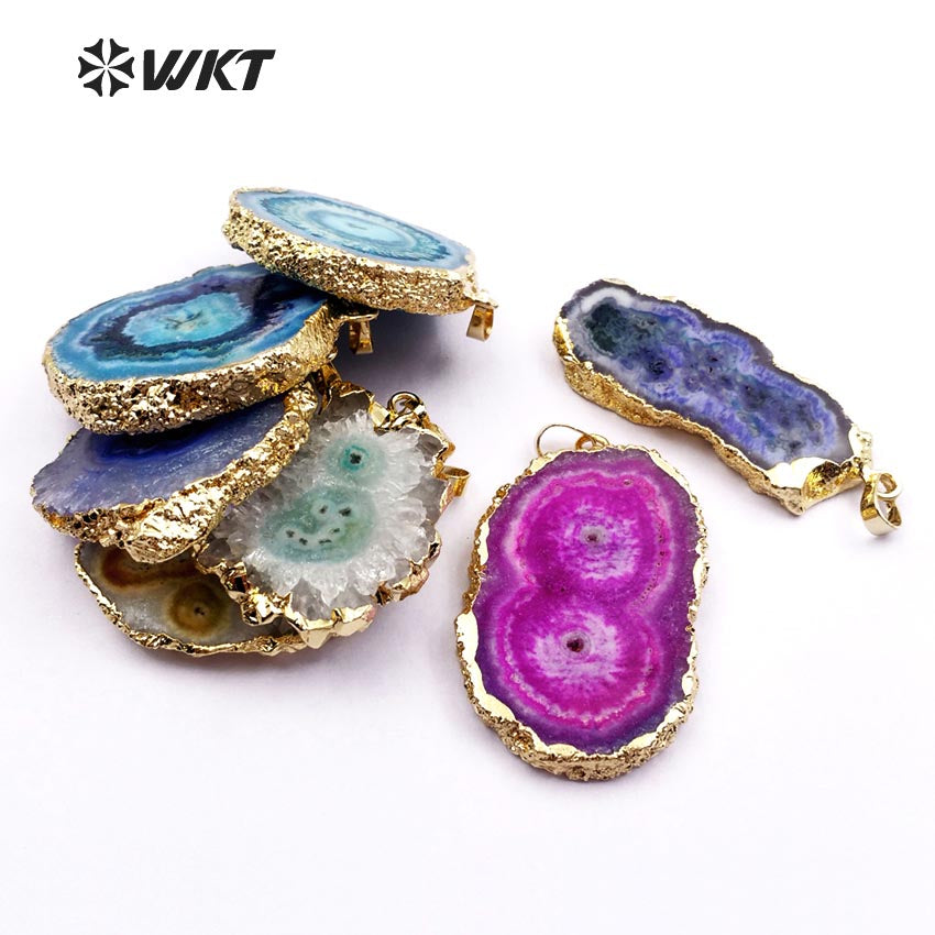 WT-P1367 Wholesale Natural Stone Pendant Random Shape Raw Stone with Gold Metal Electroplated Multi Color Available