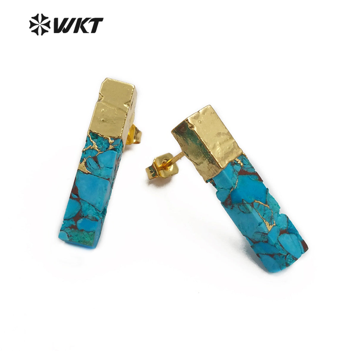 WT-E548 Natural Blue Vein Turquoises Ornaments Rectangle Shape Gemstones Earring Gold Capped Stud Earring Jewelry