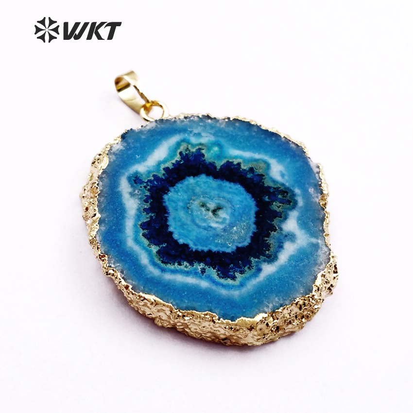WT-P1367 Wholesale Natural Stone Pendant Random Shape Raw Stone with Gold Metal Electroplated Multi Color Available