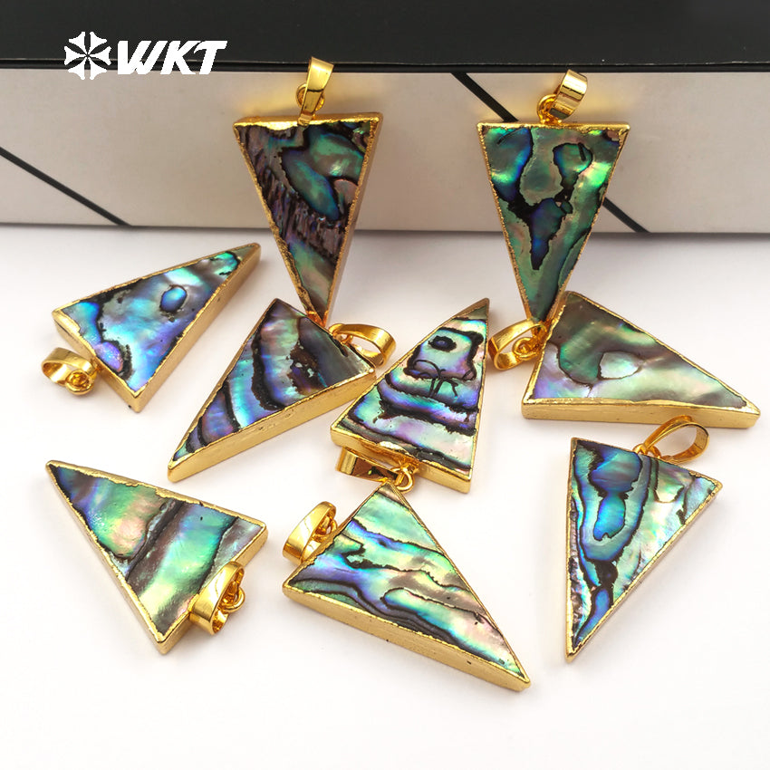 WT-P777 Amazing Sparkly Natural Abalone Triangle Pendant , Charming Small Gold Plated Triangle Abalone Pendant