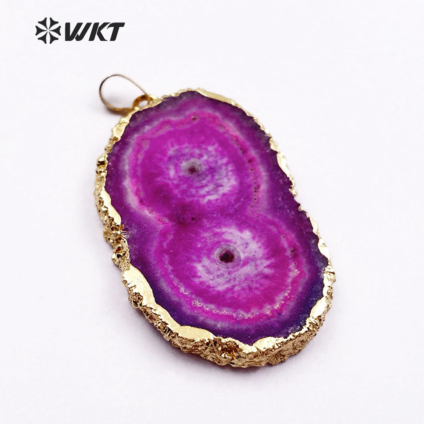 WT-P1367 Wholesale Natural Stone Pendant Random Shape Raw Stone with Gold Metal Electroplated Multi Color Available
