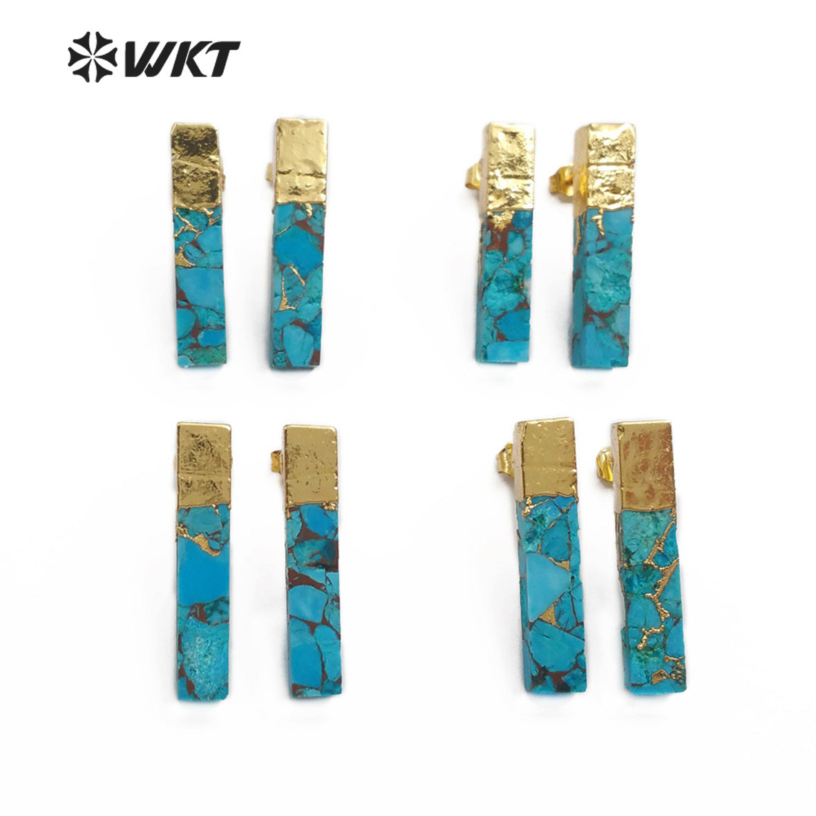 WT-E548 Natural Blue Vein Turquoises Ornaments Rectangle Shape Gemstones Earring Gold Capped Stud Earring Jewelry