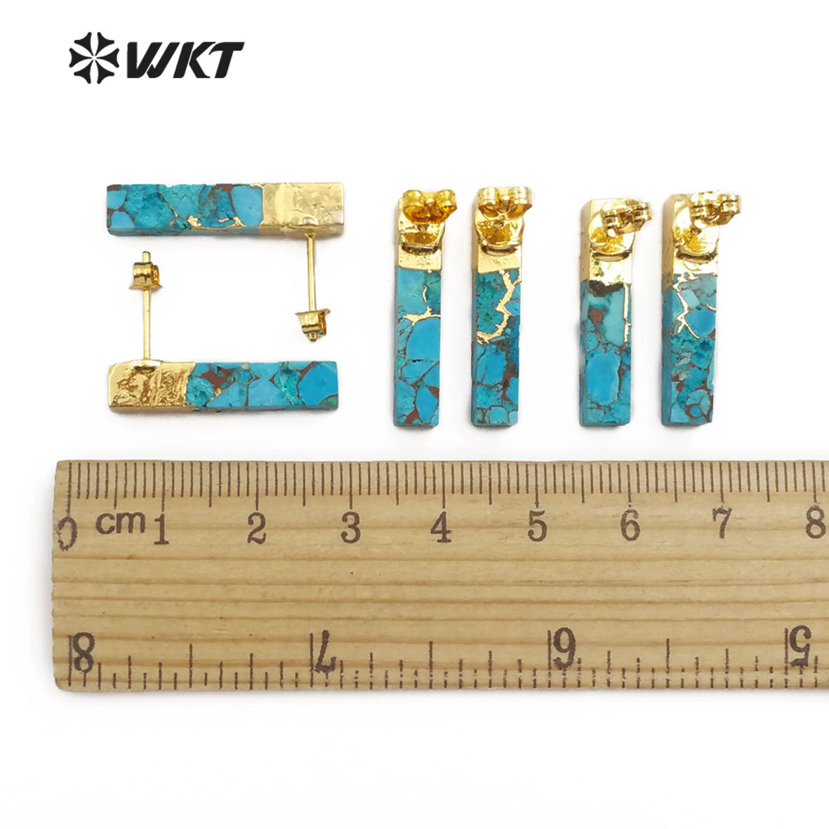 WT-E548 Natural Blue Vein Turquoises Ornaments Rectangle Shape Gemstones Earring Gold Capped Stud Earring Jewelry