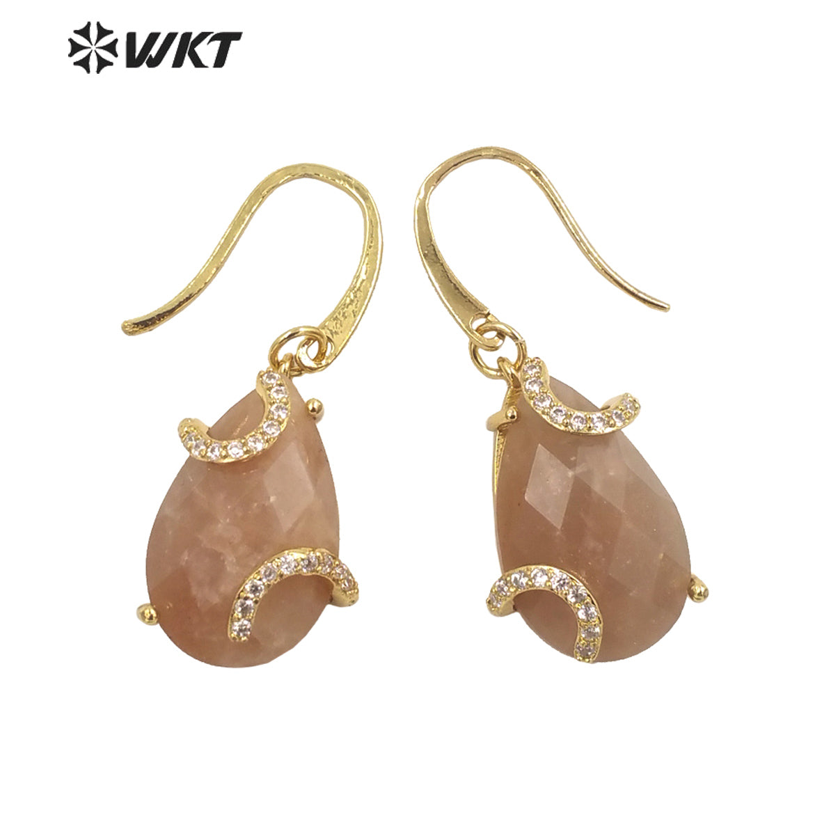 WT-E688 Wholesale Fashion Gold Prong Setting Natural Teardrop Stone Earrings Gorgeous Faceted Gemstone Micropaved Pear Earrings