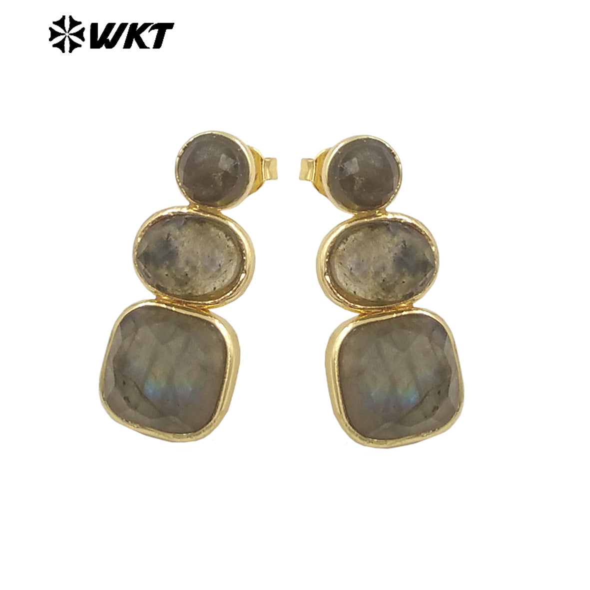 WT-E754 WKT Precious Triple Stone Assemble Handmade Setting Natural Amethyst Lapis Long Dangle Geometric Lady Earrings