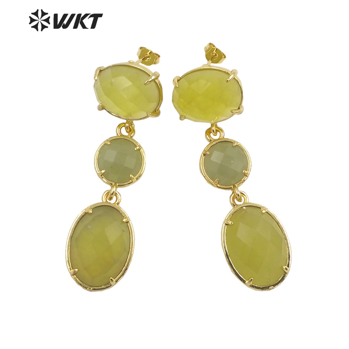 WT-E690 Amazing Gorgeous Fashion Triple Stone Earrings Precious 18k Real Gold Plated Resist Tarnish Prong Setting Dangle Studs