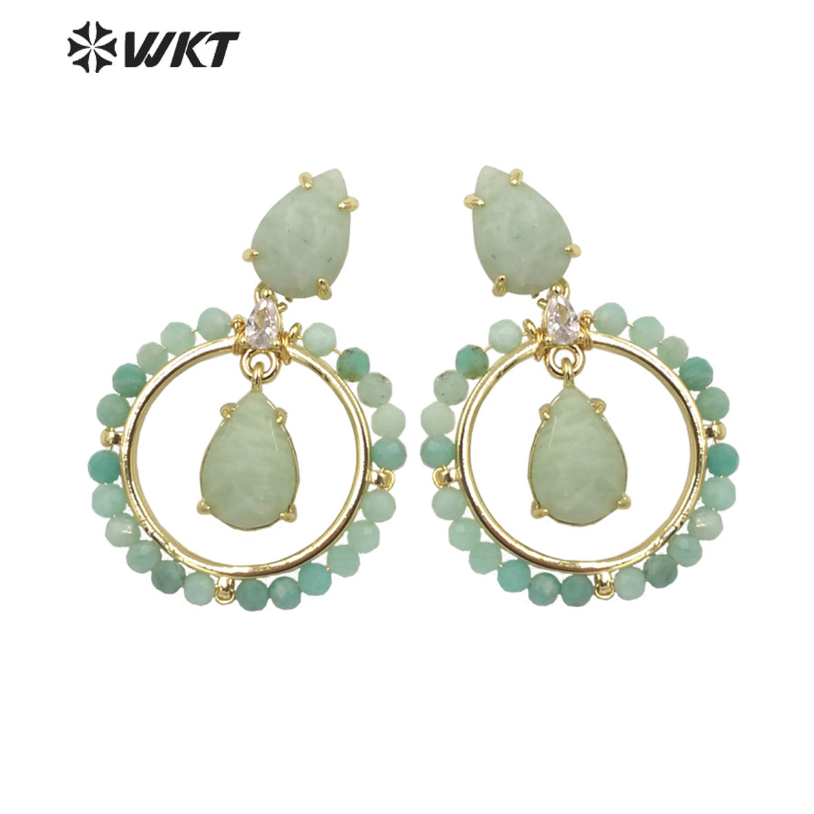 WT-E714 WKT Newest Summer Design Gorgeous Multi Natural Gemstone Big Hoop Earrings Gold Plated Lead Free Amazonite Stone Studs