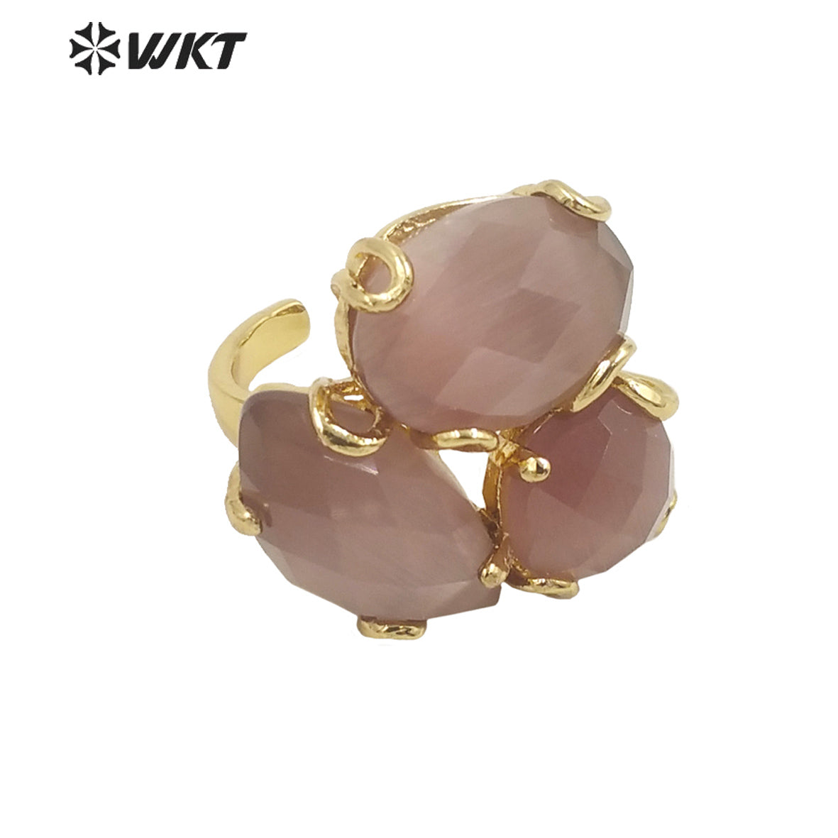 WT-R420 Europe Court style colorful Cat Eye stone Ring 18k real gold plated triple stone Flower Ring with Prong setting