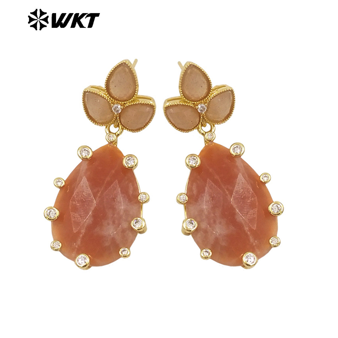 WT-E756 Gorgeous Precious Natural Amazonite Amethyst Gemstone Carved Long Teardrop Earrings With Zircon Around Trend Style