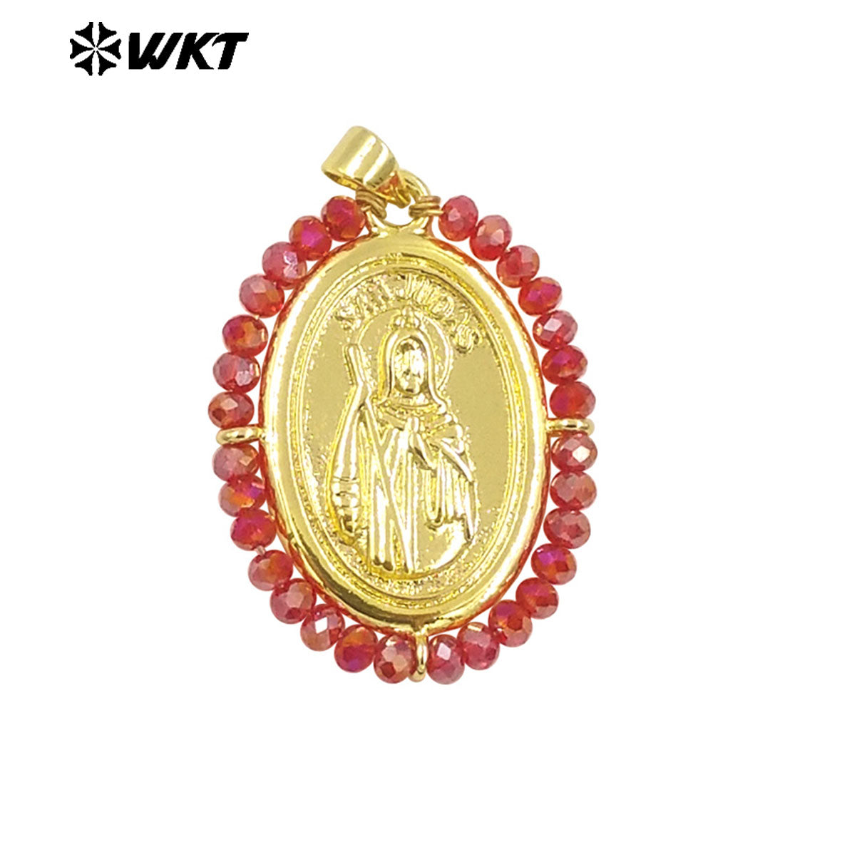 WT-MN989 Women Handmade Crystal Wire Wrapped Oval Shape 18K Gold Plated Miraculous Medal Necklace for Spring