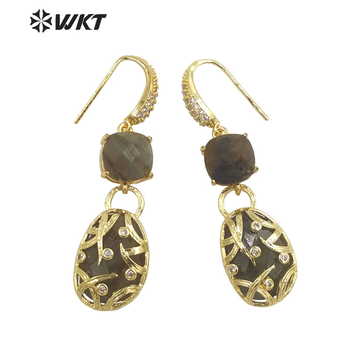 WT-E691 Fashion Double Stone Handmade Claw Setting Bezel Earrings Women Delicate Long Hoop Amethyst Stone Earrings