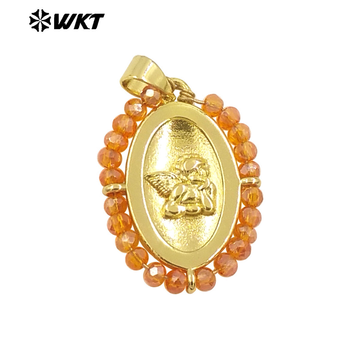 WT-MN994 2024 New Popular Gold Plated With Handmade Crystal Wire Wrapped Beads Around Angel Medal Christian Jewelry Necklace