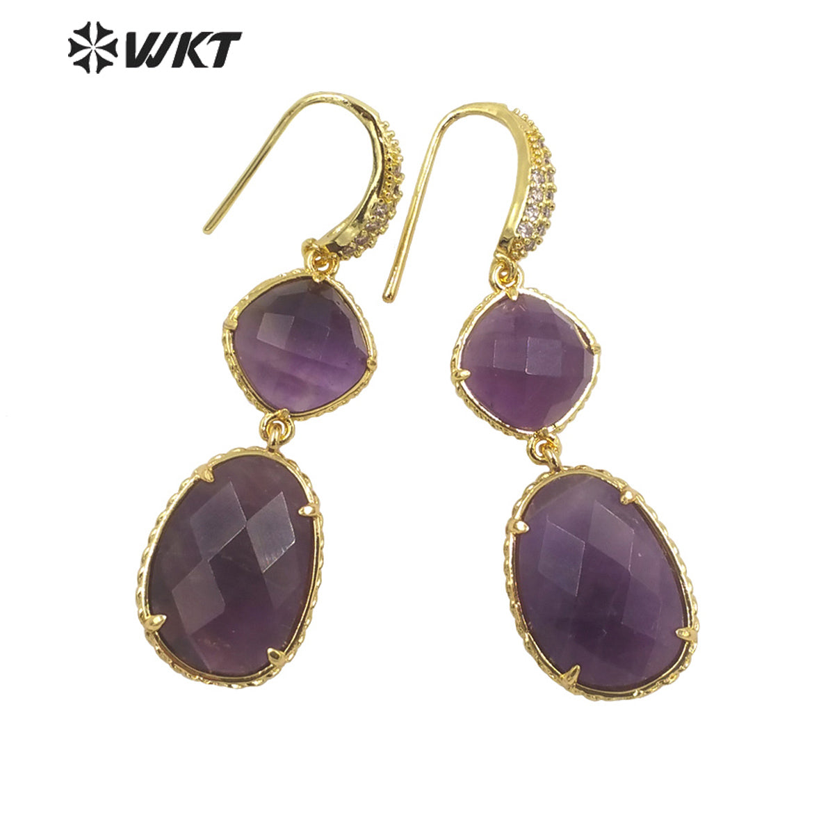 WT-E687 Wholesale Fashion Natural Amazonist Stone Earrings Women Amethyst Double Stone Prong Setting Gorgeous Earrings