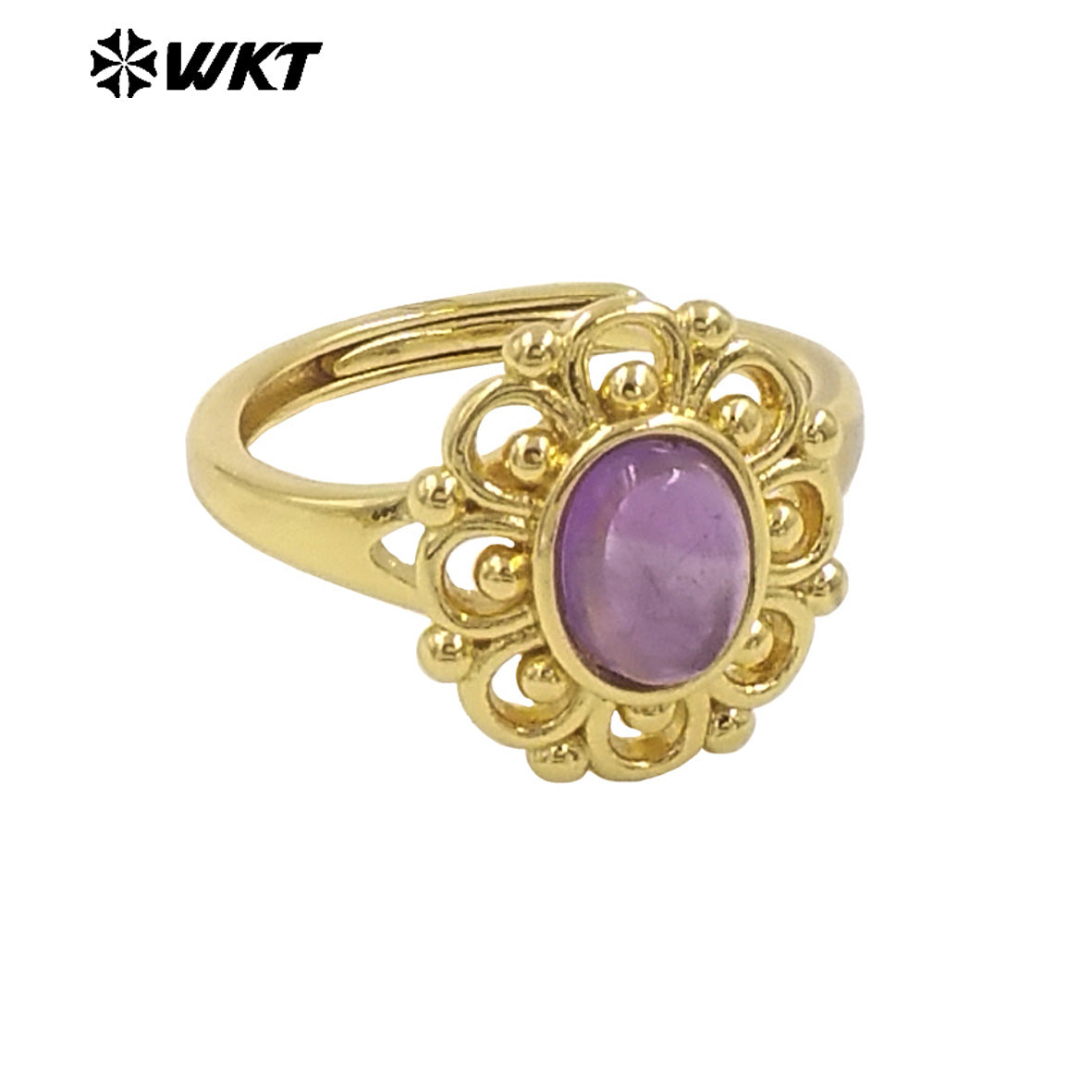 WT-R537 Wholesale Fashion 18K Real Gold Plated Round Hollow Flower Shape Design Natural Stone Ring for Women