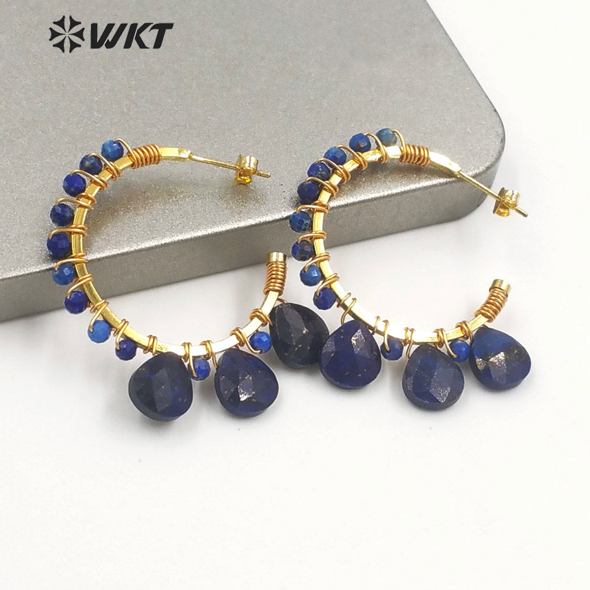WT-E694 Wholesale Fashion Gold Plated C Shape Wire Wrapped Stone Earrings Attractive Teardrop Stone Crescent Moon Earrings