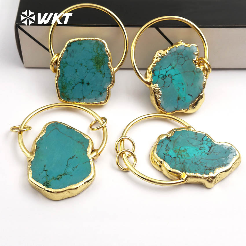 WT-P1372 Vintage Design Sky Blue Natural Stone With Half Circle and Double Tiny Loops Gold Trim Pendant for Jewelry Making