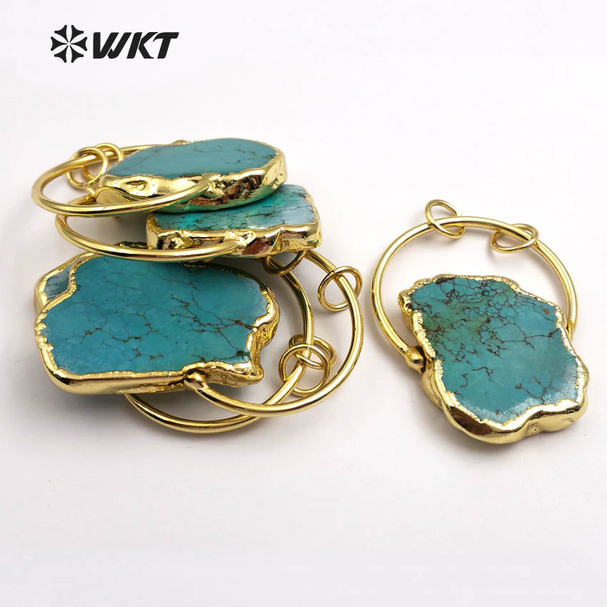 WT-P1372 Vintage Design Sky Blue Natural Stone With Half Circle and Double Tiny Loops Gold Trim Pendant for Jewelry Making