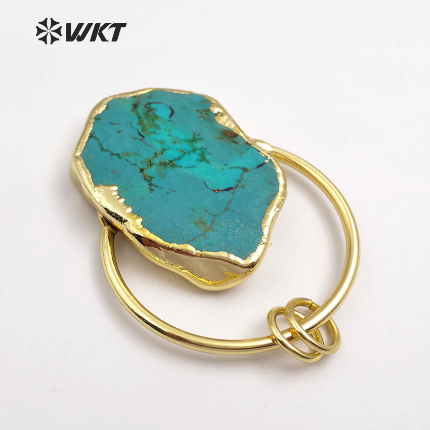WT-P1372 Vintage Design Sky Blue Natural Stone With Half Circle and Double Tiny Loops Gold Trim Pendant for Jewelry Making