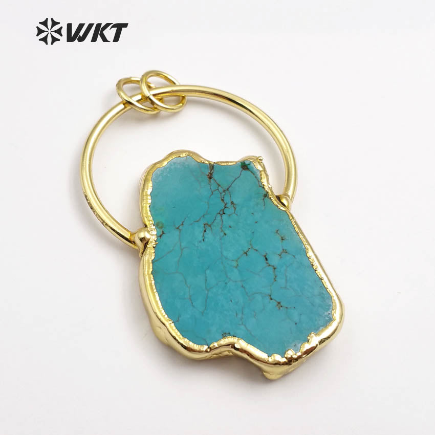 WT-P1372 Vintage Design Sky Blue Natural Stone With Half Circle and Double Tiny Loops Gold Trim Pendant for Jewelry Making