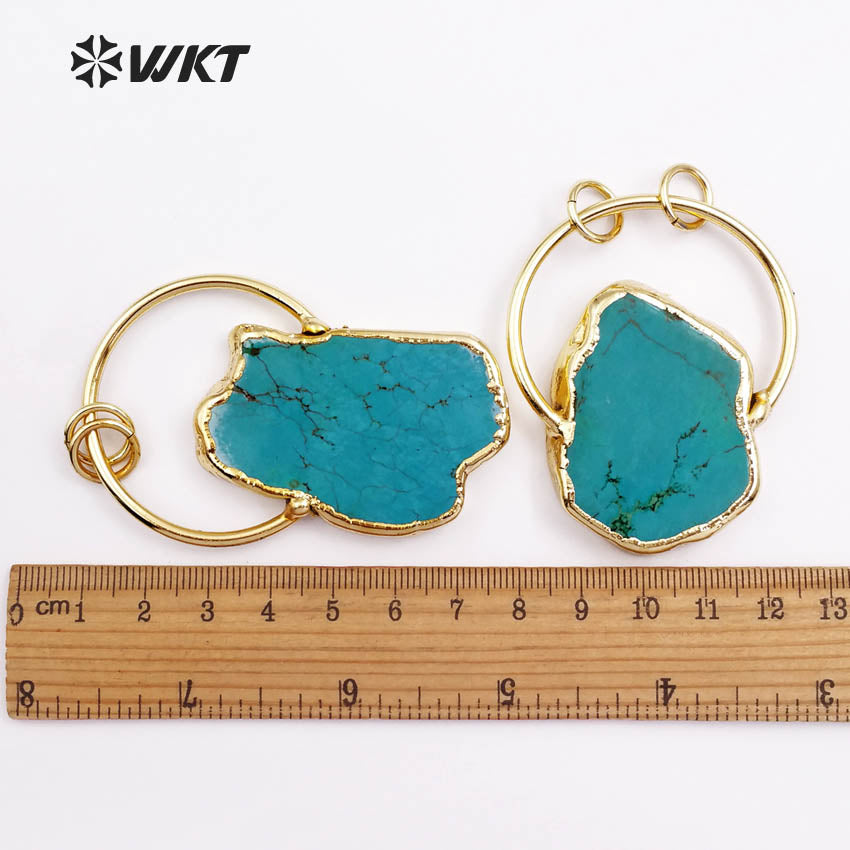 WT-P1372 Vintage Design Sky Blue Natural Stone With Half Circle and Double Tiny Loops Gold Trim Pendant for Jewelry Making