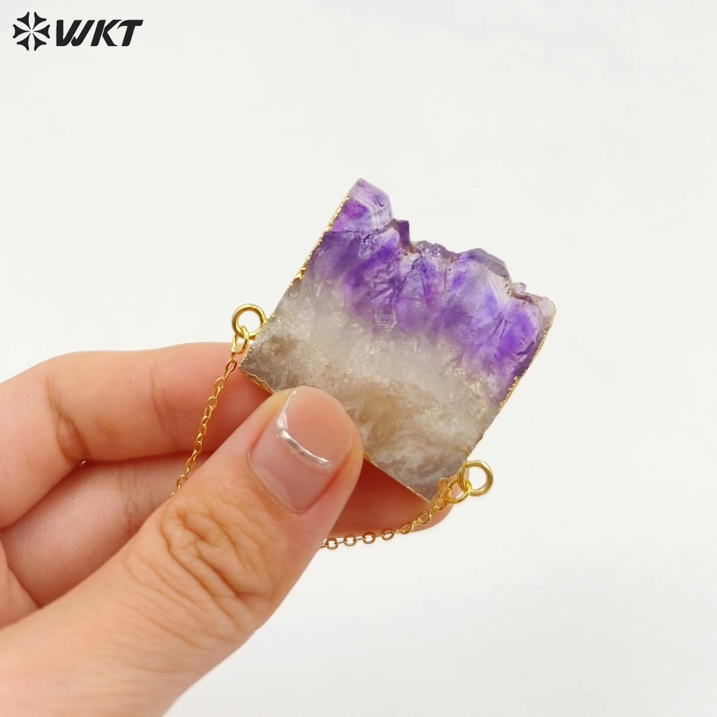WT-N121 Amazing Unique Slice Natural Druzy Amethyst Stone Necklace With 18K Gold Plated on Trim Energy Gemstone Pendant