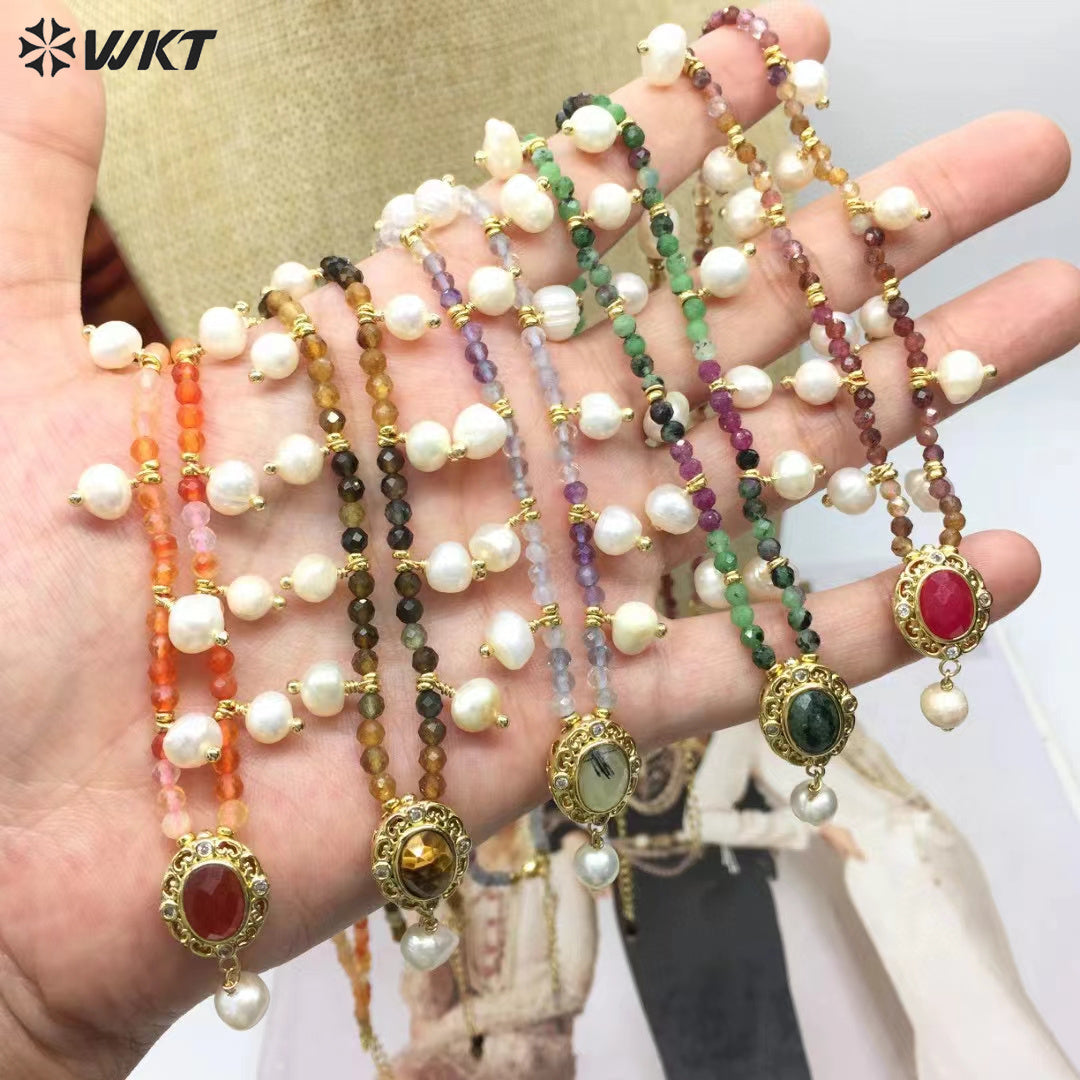 WT-N1473 WKT Elegant Handmade Natural Faceted Tiny Gemstone Beads Craft Delicate 16 Inch Long Stone Necklace