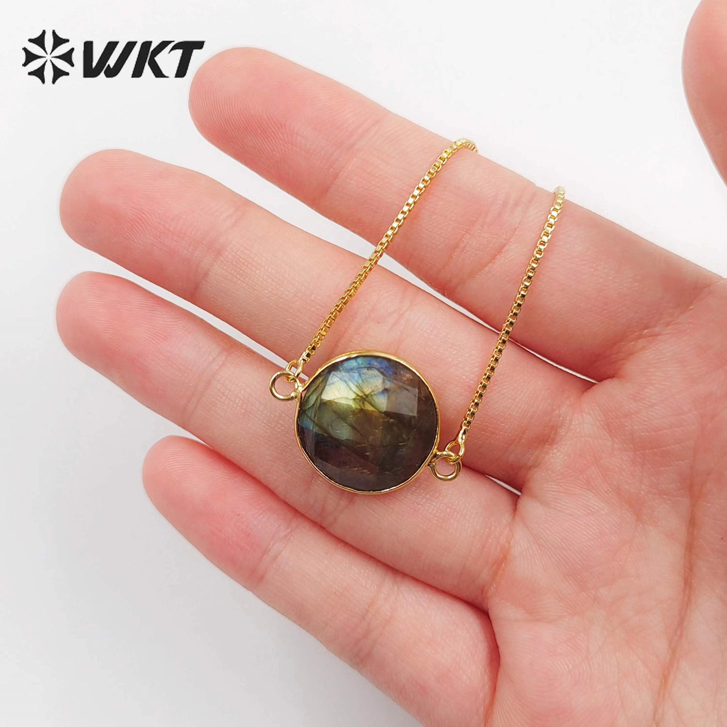 WT-B343 Trendy Design Natural Labradorite Connector Bracelet, Charm Round 24K Real Gold Plated Labradorite Connector Bracelet