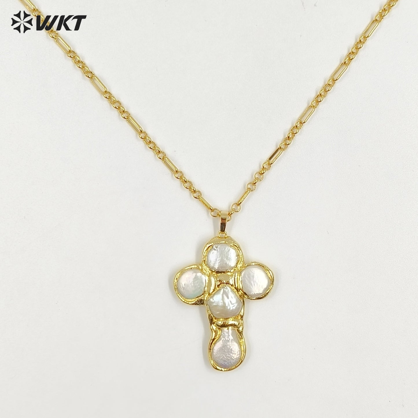 WT-JN330 Luxury Unique Chain With Gold Plated Round Natural Freshwater Pearls Cross Shape Pendant Necklace Wholesale Jewelry