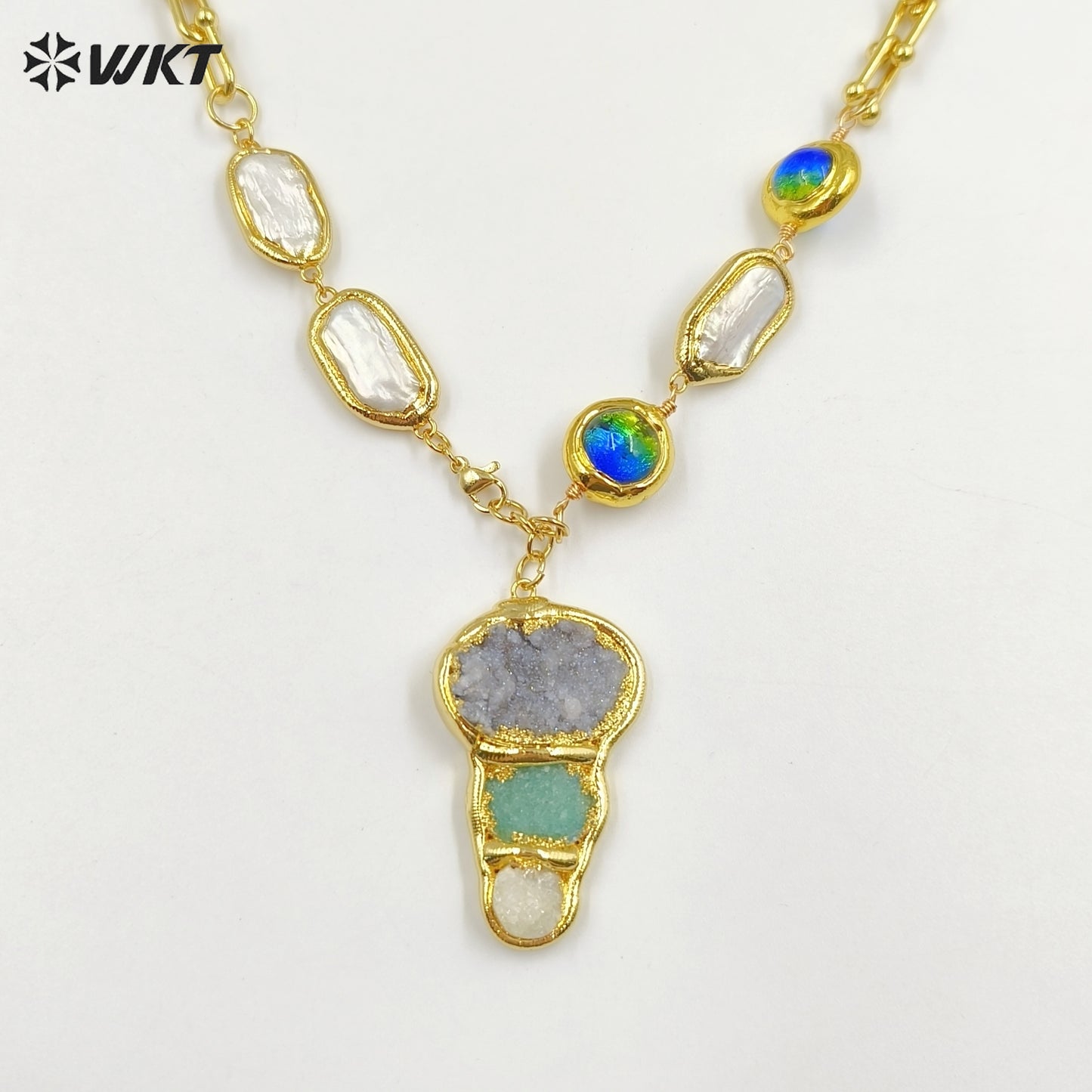 WT-JN257 WKT New Exclusive Design 19 Inch Long Handmade Chain Assemble With Beads Pearl Druzy Agate Pendant Women Necklace